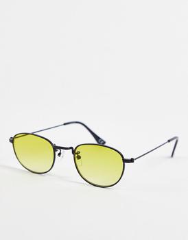 ASOS | ASOS DESIGN metal oval sunglasses in black with yellow lens商品图片,5折