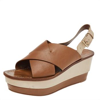 推荐Tory Burch Brown/Beige Leather Platform Wedge Slingback Sandals Size 38.5商品