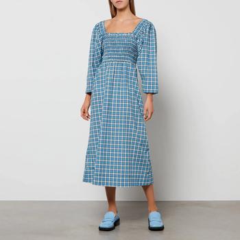 ganni连衣裙推荐, Ganni | Ganni Women's Seersucker Check Dress Midi Dress - Azure Blue商品图片 7折