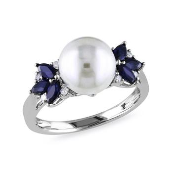 商品Freshwater Cultured Pearl (9-9.5mm), Sapphire (5/8 ct. t.w.) and Diamond Accent Ring in 10k White Gold图片