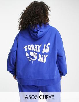 ASOS | ASOS DESIGN Curve lounge co-ord good day hoodie in blue商品图片,