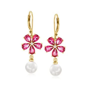 Ross-Simons | Ross-Simons 7.5-8mm Cultured Pearl and . Pink Topaz Flower Drop Earrings With White Topaz Accents in 18kt Gold Over Sterling,商家Premium Outlets,价格¥1101
