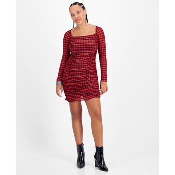推荐Women's Checkered Square-Neck Mesh-Overlay Ruched Mini Dress, Created for Macy's商品