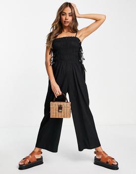 推荐ASOS DESIGN shirred strappy jumpsuit with tie side detail in black商品