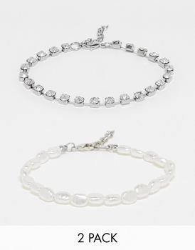 商品ASOS DESIGN 2 pack bracelet set with tennis cup chain and freshwater pearl in silver tone图片