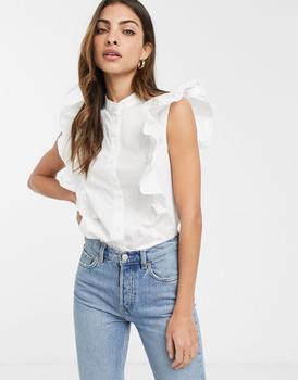 asos design, ASOS | ASOS DESIGN sleeveless shirt with frill detail in cotton in white商品图片 