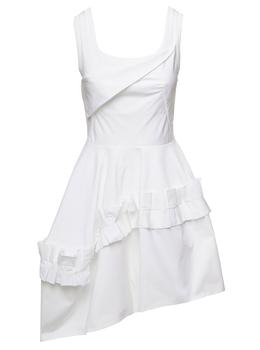 Alexander McQueen | Mini White Asymmetric Dress With Oversize Ruche In Cotton Woman Alexander Mcqueen商品图片,8折