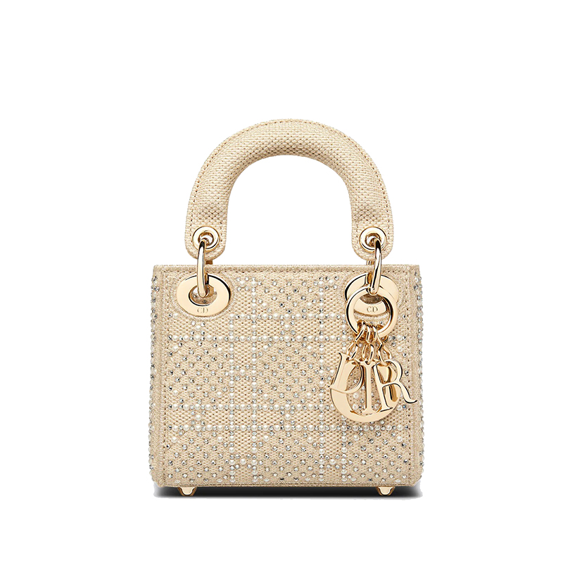迪奥手提包, Dior | DIOR/迪奥 经典款LADY DIOR系列 女士迷你款米色帆布金线刺绣饰珍珠彩色水晶单肩斜挎手提戴妃包S0856OORP_M918商品图片 额外9.5折, 包邮包税, 额外九五折
