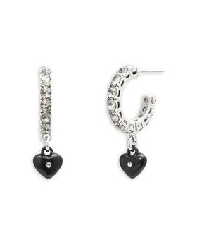 Coach | Pavé Black Heart Charm Crystal Tennis Huggie Hoop Earrings in Silver Tone 满$100减$25, 满减