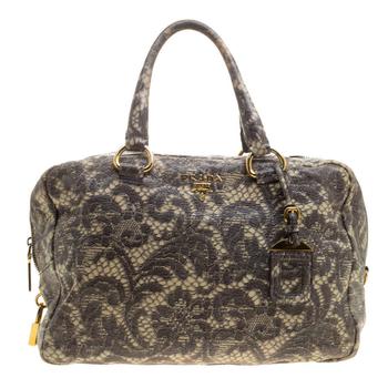 [二手商品] Prada | Prada Beige Talco Lace Print Cervo Leather Bowling Bag商品图片,4.1折, 满1件减$100, 满减