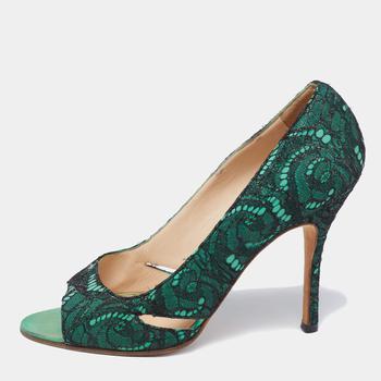 Manolo Blahnik直邮, [二手商品] Manolo Blahnik | Manolo Blahnik Black/Green Lace and Leather Open-Toe Pumps Size 38.5商品图片 7.8折, 满1件减$100, 满减