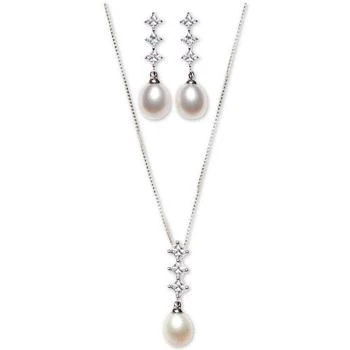 Macy's | Cultured Freshwater Pearl (7x9mm) and Cubic Zirconia Pendant Necklace & Earring Set in Sterling Silver,商家Macy's,价格¥1859