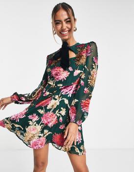 Iris & Ivy, Hope & Ivy | Hope & Ivy long sleeve mini dress in emerald velvet floral商品图片 