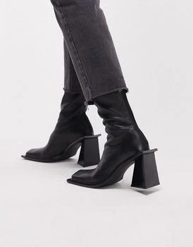 Topshop | Topshop Halo premium leather square toe heeled boot in black 6折