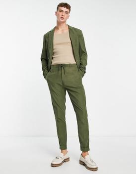 ASOS | ASOS DESIGN tapered jogger waist commuter suit trousers in khaki faux suede商品图片,6.5折