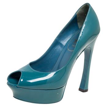 ysl高跟鞋评价, [二手商品] Yves Saint Laurent | Saint Laurent Blue Patent Leather Palais Platform Peep Toe Pumps Size 38商品图片 3.6折