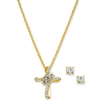 商品Charter Club | Gold-Tone Pavé Crystal Cross Pendant Necklace & Stud Earrings Boxed Set, 17" + 2" extender, Created for Macy's,商家Macy's,价格¥63图片