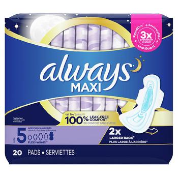 商品Always | Maxi Pads, Extra Heavy Overnight with Wings Unscented, Size 5,商家Walgreens,价格¥47图片