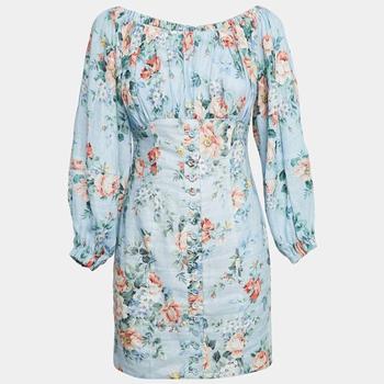 Zimmermann Blue Floral Print Linen Bowie Off-Shoulder Mini Dress XS