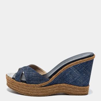 推荐Jimmy Choo Navy Blue Denim Prima Wedge Slides Size 40商品