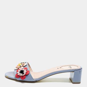 fendi鞋直邮, [二手商品] Fendi | Fendi Blue Patent Leather Flowerland Block Heel Slides Size 39商品图片 