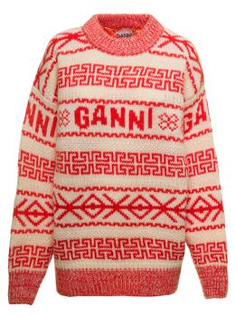 gani经典款, Ganni | Beige and Orange Wool Sweater with Jacquard Motif Ganni Woman商品图片 7.6折