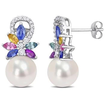 Mimi & Max | 9-9.5 MM Cultured Freshwater Pearl and Multi Sapphire (Light Blue, White, Yellow, Pink, Purple & Green) and 1/8 CT TW Diamond Flower Drop Earrings in 14k White Gold 4.6折, 独家减免邮费