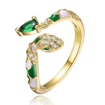 Rachel Glauber | RG 14k Yellow Gold Plated with Emerald & Cubic Zirconia Coiled Snake Serpent Open Bypass Cuff Ring,商家Premium Outlets,价格¥275