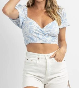 LE LIS | Puff Sleeve Wrap Crop Top In Powder Blue,商家Premium Outlets,价格¥175