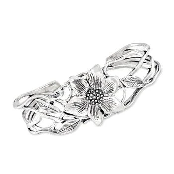 Ross-Simons | Sterling Silver Textured and Polished Floral Cuff Bracelet,商家Premium Outlets,价格¥946