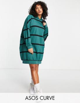 ASOS | ASOS DESIGN Curve mini sweatshirt hoodie dress in khaki and black stripe商品图片,8折×额外7折, 额外七折