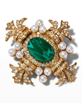 商品Gold Crystal Pearl Clusters Cross Pin with Flaw Emerald Center图片