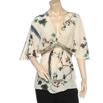 推荐Roberto Cavalli Cream Printed Silk Embellished Kaftan Top L商品