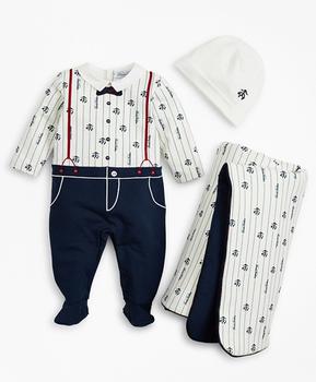 商品Boys Pinstripes & Suspenders Stretch Cotton Footie, Hat & Blanket Set - 6 Months图片