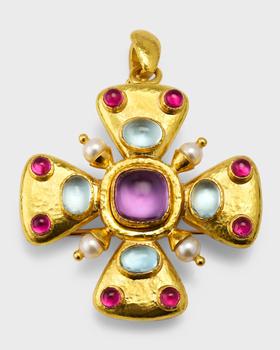 商品19K Maltese Cross Brooch Pendant with Amethyst, Aquamarine, Pink Tourmaline and Pearls图片