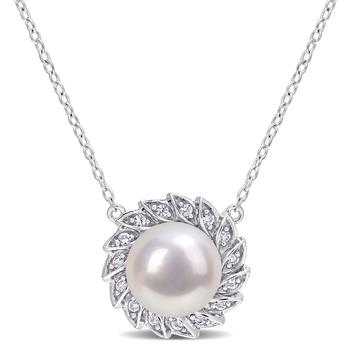 商品Amour | 9.5-10mm Freshwater Cultured Pearl and 1/6 CT TGW Created White Sapphire Halo Pearl Pendant with Chain In Sterling Silver,商家Jomashop,价格¥517图片