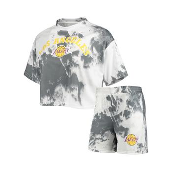 lakers衣服, NBA Exclusive Collection | Women's White, Black Los Angeles Lakers Tie-Dye Crop Top and Shorts Set商品图片 
