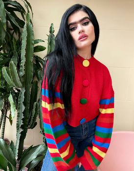商品Labelrail x Sophia Hadjipanteli stripe sleeve cropped cardigan in red图片