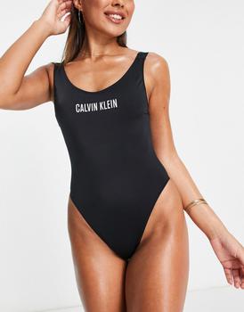 商品Calvin Klein | Calvin Klein Intense Power logo scoop swimsuit in black,商家ASOS,价格¥670图片