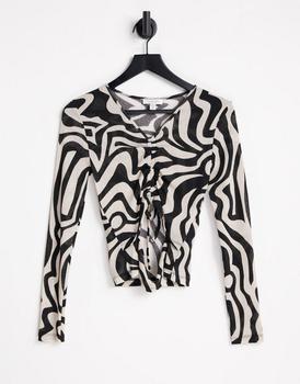 Topshop | Topshop swirl print ruche front cutout mesh top in multi商品图片,