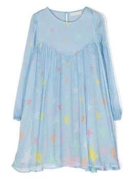 Stella McCartney | Light Blue Dress With Volant And All-over Star Motif In Silk Girl,商家Italist,价格¥2250