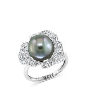 商品Cultured Black Tahitian Pearl & Diamond Pavé Ring in 14K White Gold - 100& Exclusive图片