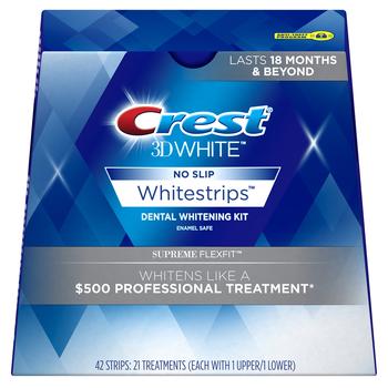 商品Crest | Crest 3D Whitestrips, Supreme Flexfit, Teeth Whitening Strip Kit, 42 Strips (21 Count Pack),商家Amazon US editor's selection,价格¥276图片