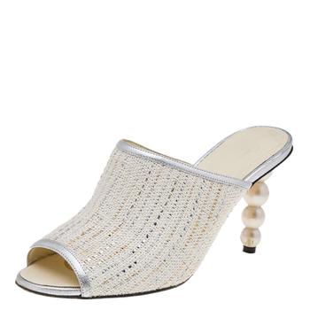 香奈儿鞋是什么牌子, [二手商品] Chanel | Chanel White/Silver Tweed And Leather CC Pearl Heel Slide Sandals Size 38商品图片 6.5折, 满1件减$100, 满减