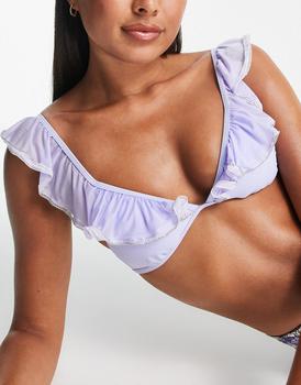 推荐River Island mesh frill triangle bikini top in light purple商品