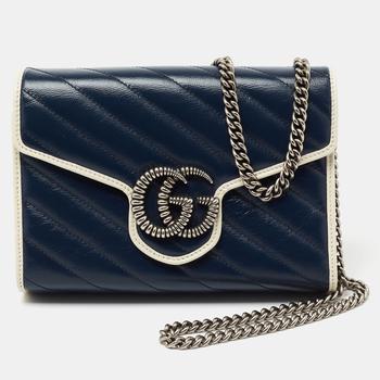 古驰女包, Gucci | Gucci Navy Blue/White Diagonal Quilt Leather GG Marmont Torchon Wallet on Chain商品图片 7.5折