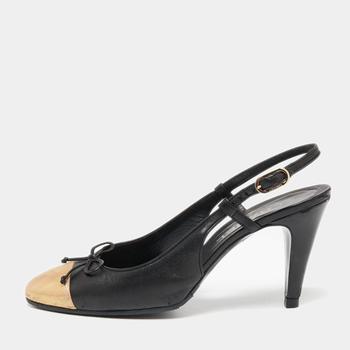 香奈儿鞋, [二手商品] Chanel | Chanel Black/Gold Leather Bow CC Cap-Toe Slingback Pumps Size 38商品图片 8折, 满1件减$100, 满减