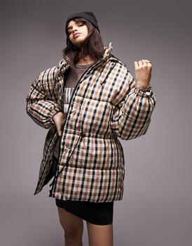 Topshop | Topshop cinched waist detail puffer jacket with hood in gingham商品图片,6.9折×额外9.5折, 额外九五折