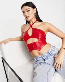 推荐ASYOU PU cut out halter corset top in red商品