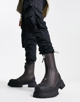 ASOS | ASOS DESIGN zip front chelsea boot in brown faux leather with black chunky sole商品图片,5.5折
